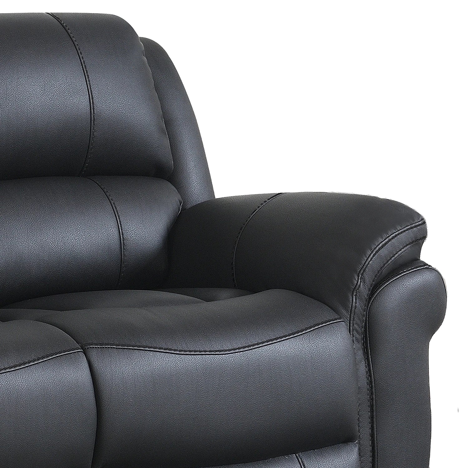 Close-up of a black leather recliner 3 Seater Sofa showing the padded backrest, armrest, and tufted seat cushion against a plain white background.