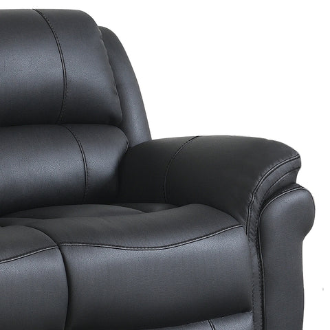 Close-up of a black leather recliner 3 Seater Sofa showing the padded backrest, armrest, and tufted seat cushion against a plain white background.