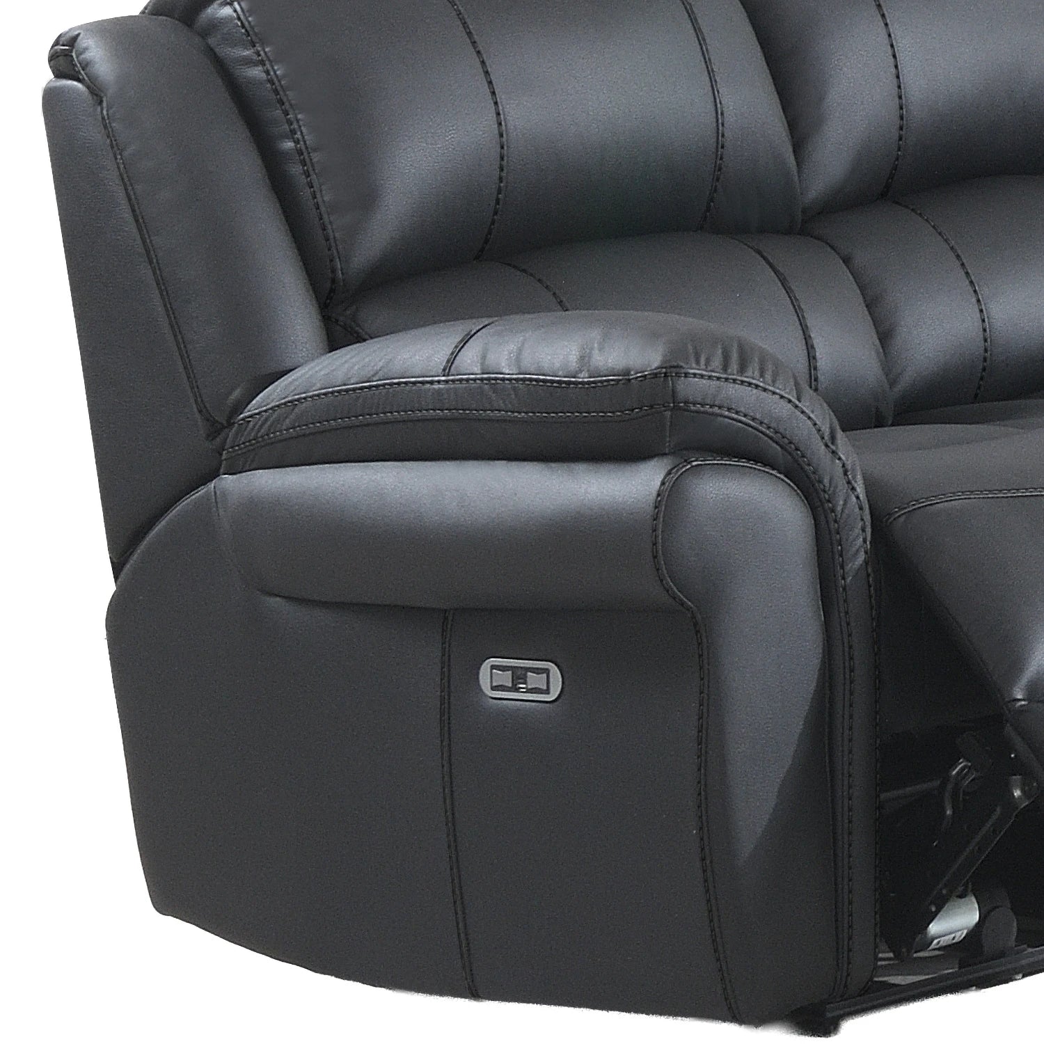 Close-up of a black leather recliner sofa showing the padded armrest, channel tufting, and a small power control panel on the side.