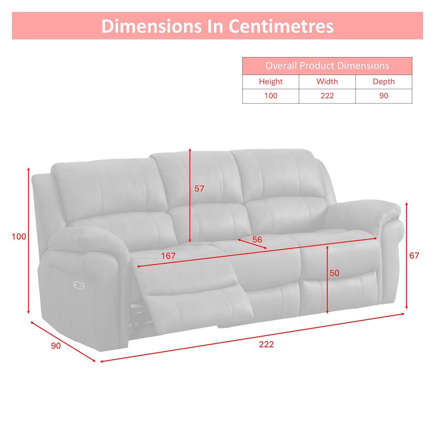 A dimension diagram of a lFlynn Black Power Recliner 3 Seater Sofa with red measurement lines and labels showing height, width, and depth in cm, plus a small product dimensions table at the top right.