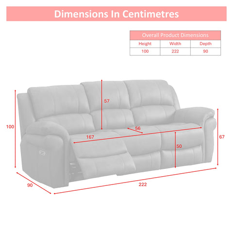 A dimension diagram of a lFlynn Black Power Recliner 3 Seater Sofa with red measurement lines and labels showing height, width, and depth in cm, plus a small product dimensions table at the top right.