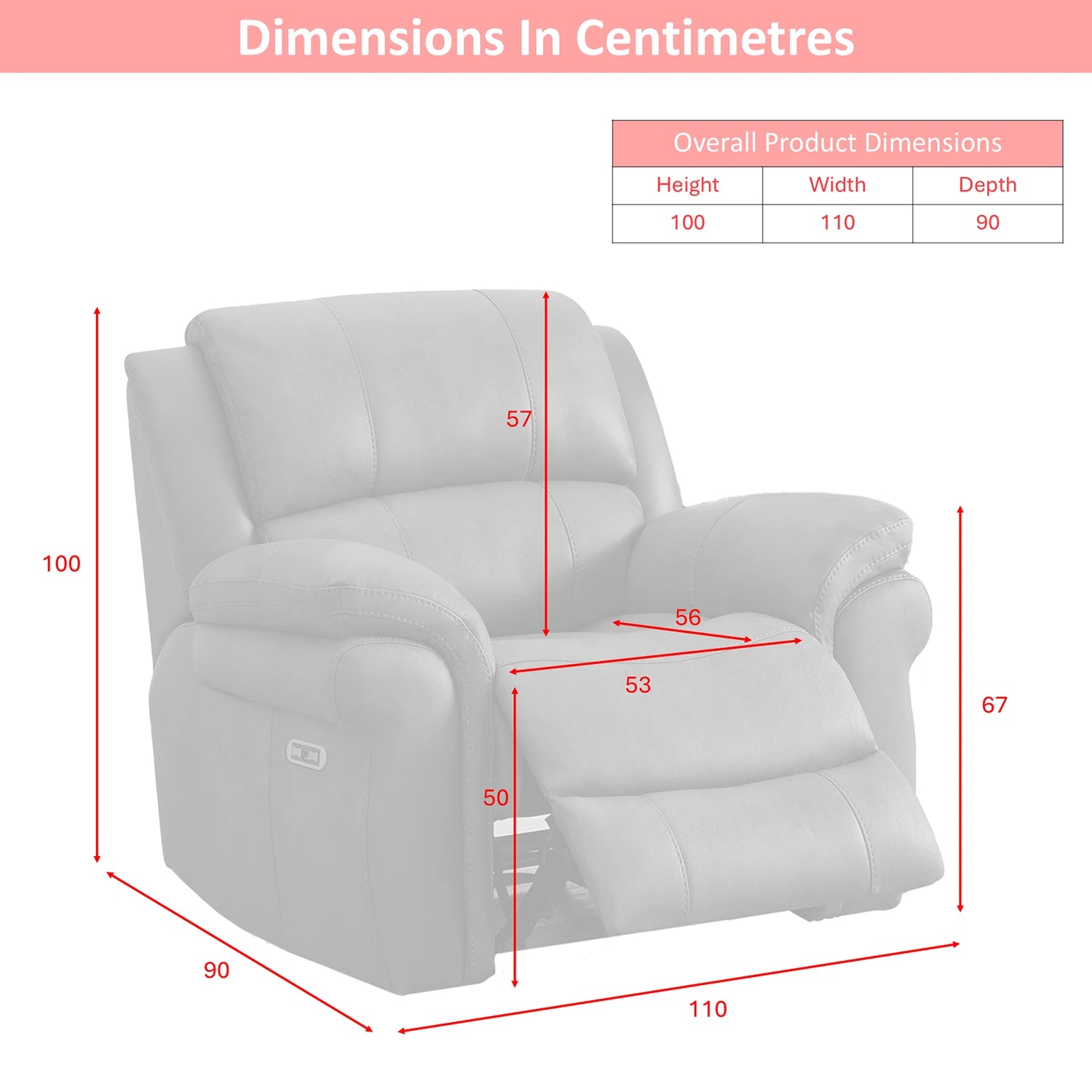 A dimension diagram of a Flynn Electric Recliner Armchair with USB Charging with red measurement lines and labels showing height, width, and depth in centimeters, plus a small product dimensions table at the top right.