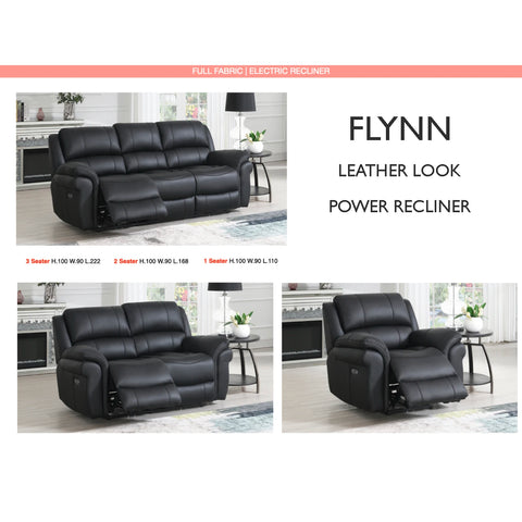 Black leather-look power recliner shown in multiple views on a white layout with text reading 'FLYNN LEATHER LOOK POWER RECLINER'.