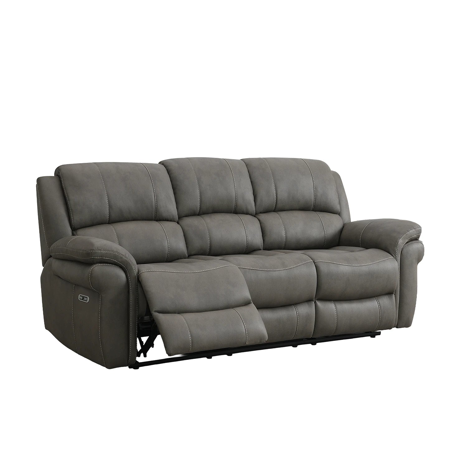 A three-seat gray reclining sofa with a power-adjustable side control and extended right recliner cushion, shown on a plain white background.