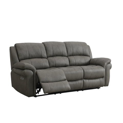 A three-seat gray reclining sofa with a power-adjustable side control and extended right recliner cushion, shown on a plain white background.