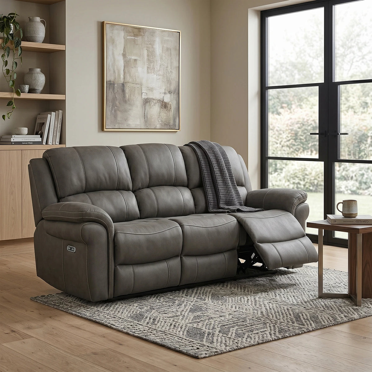 Flynn power recliner 3 seater sofa in  Grey Premium leather-look fabric, electric reclining.