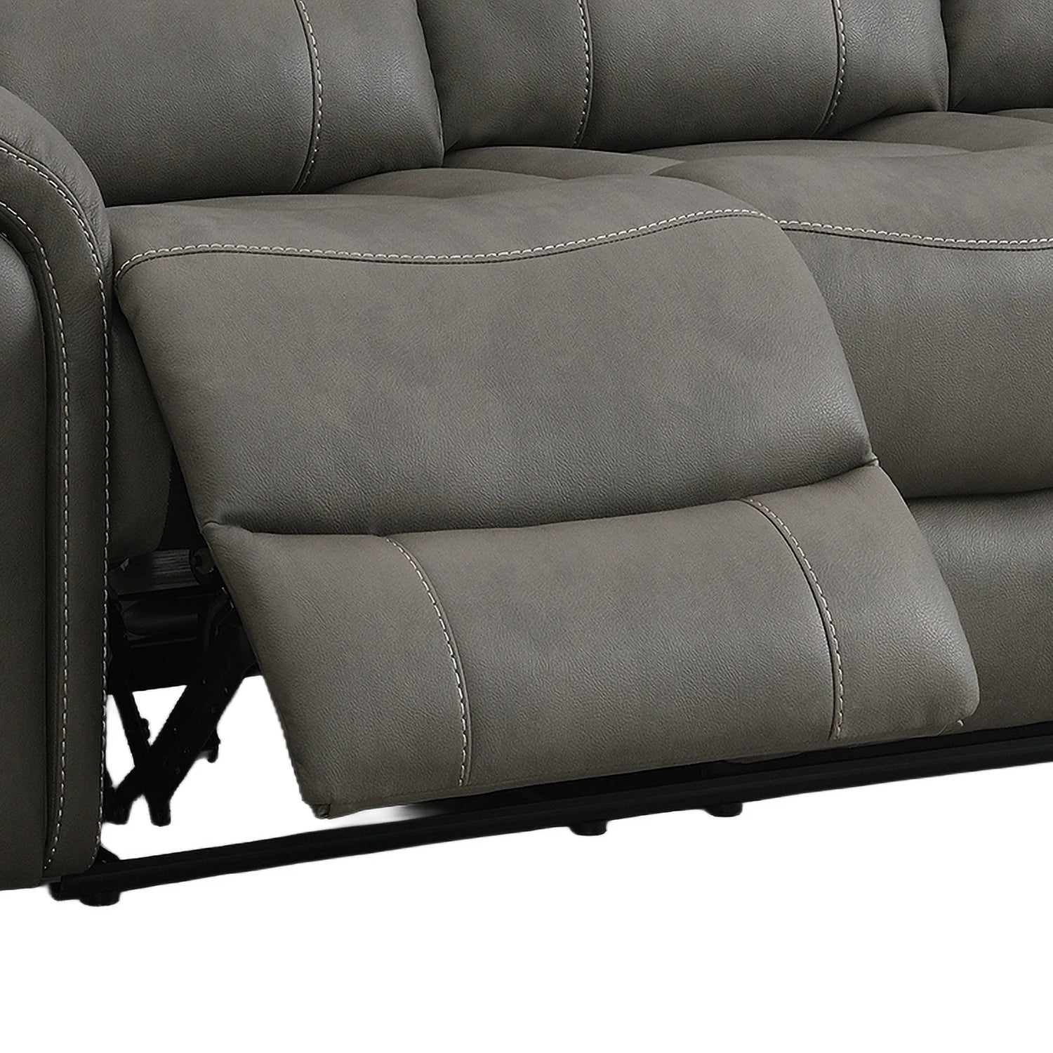 Close-up of a Flynn power recliner 3 seater sofa in  Stone Premium leather-look fabric, electric reclining showing the extended footrest and stitching details.