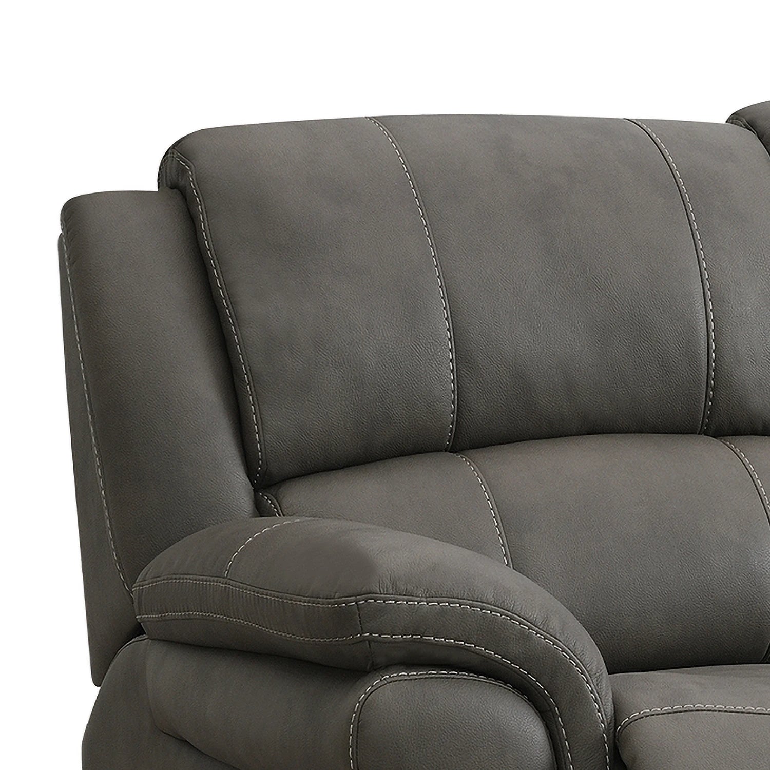 Close-up of a Flynn Power Recliner 3 Seater Sofa in Grey showing the padded backrest, armrest, and contrast stitching on a white background.