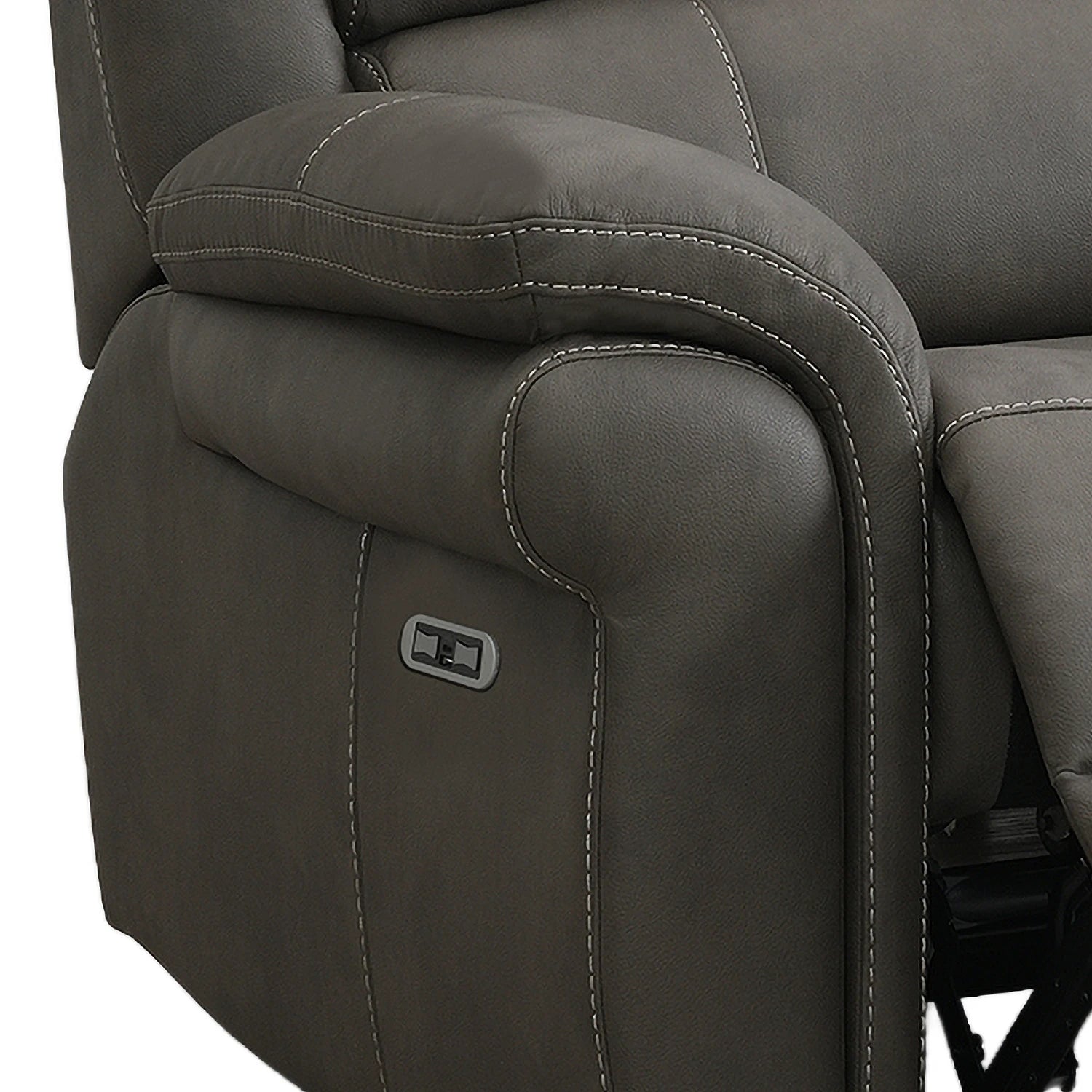 Close-up of a Flynn Power Recliner 3 Seater Sofa in Grey showing the armrest, stitching, and a small control panel on the side.