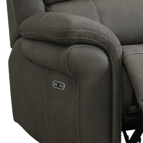 Close-up of a Flynn Power Recliner 3 Seater Sofa in Grey showing the armrest, stitching, and a small control panel on the side.