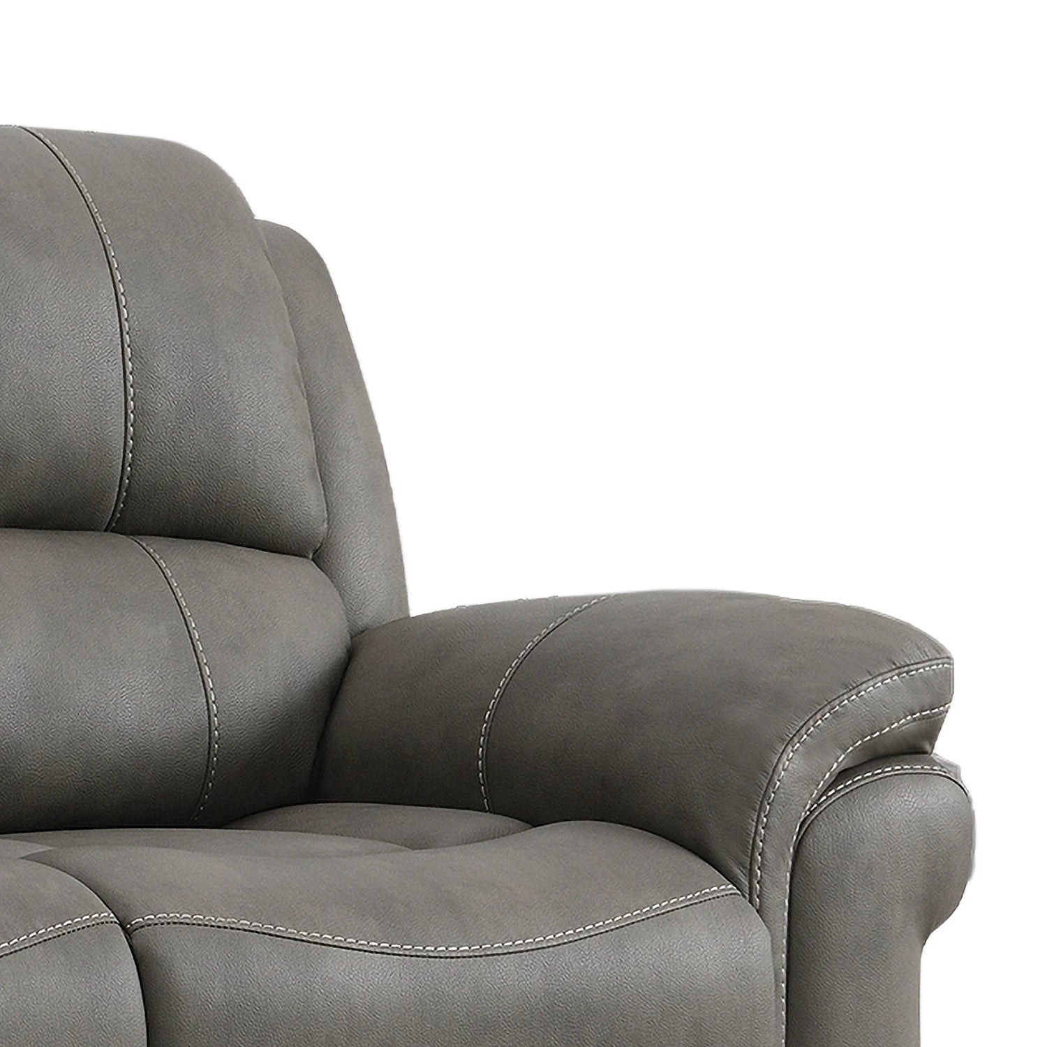Close-up of a Flynn Power Recliner 3 Seater Sofa in Grey  showing the backrest, armrest, and stitched leather-like texture against a plain white background.