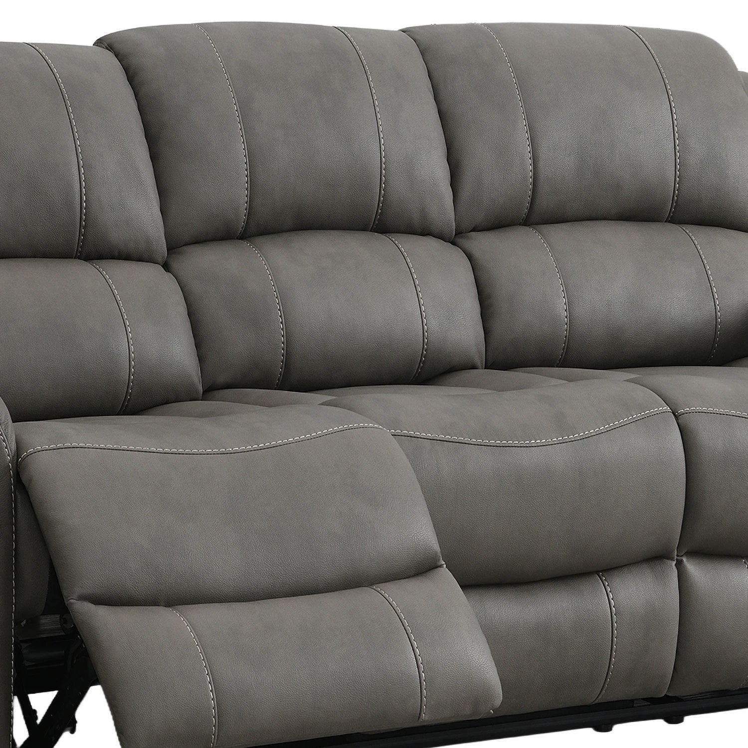 Close-up of a Flynn Power Recliner 3 Seater Sofa in Grey  with padded back cushions, tufted seat panels, and visible contrast stitching. Part of the extended footrest is shown in front.