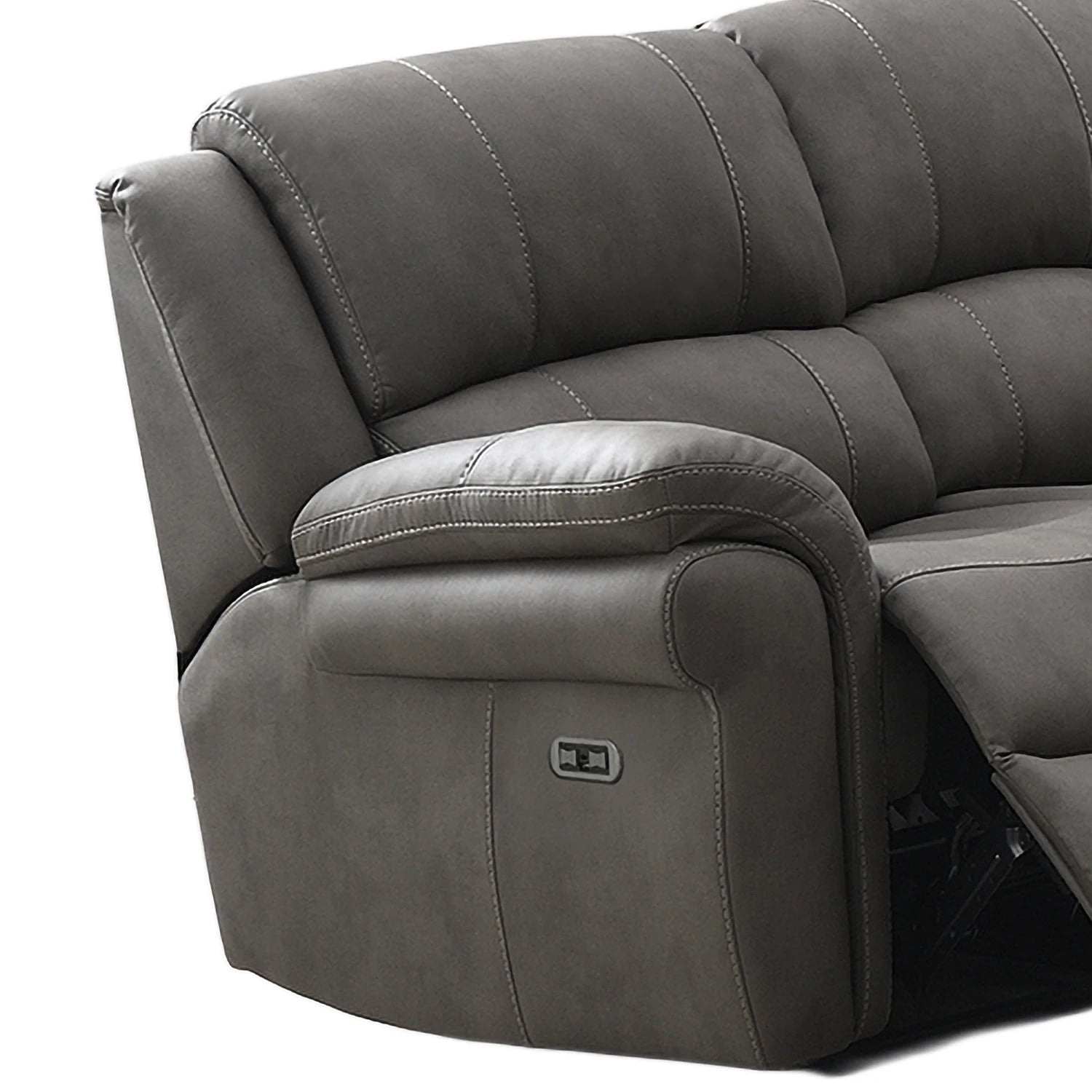 Close-up of a Flynn Power Recliner 3 Seater Sofa in Grey showing the padded armrest, channel tufting, and a power control panel on the side, photographed against a white background.