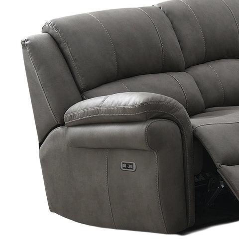 Close-up of a Flynn Power Recliner 3 Seater Sofa in Grey showing the padded armrest, channel tufting, and a power control panel on the side, photographed against a white background.