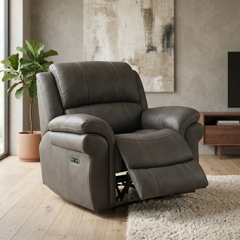 Flynn power recliner armchair in Grey  with premium leather-look fabric, electric reclining, USB charging and pocket sprung comfort.