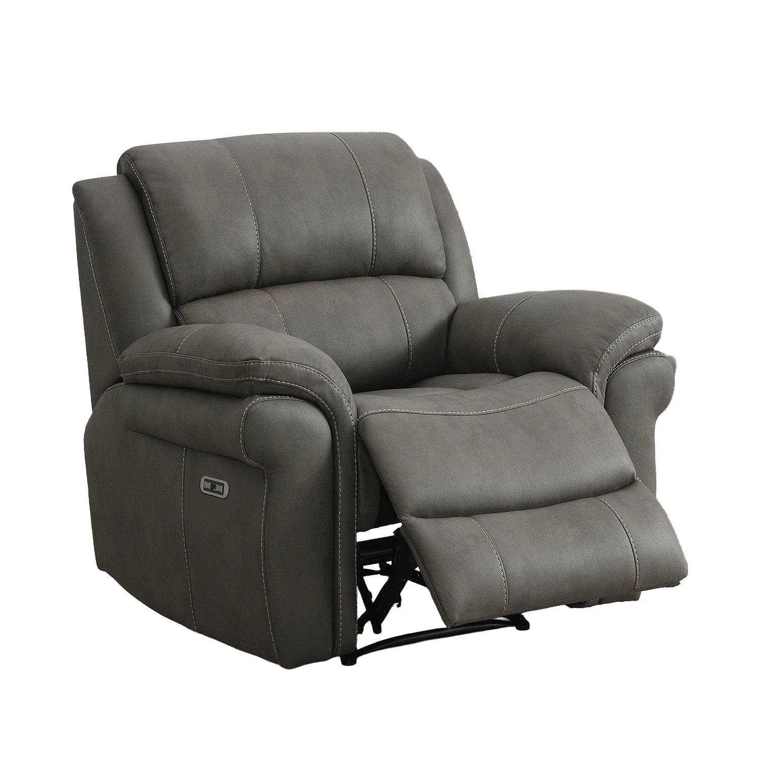 Flynn Grey Leather Look Electric Recliner Chair with USB ports with the footrest extended, shown on a plain white background.