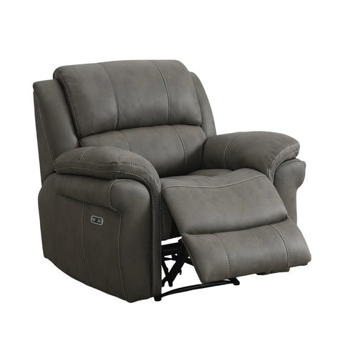 Flynn Grey Leather Look Electric Recliner Chair with USB ports with the footrest extended, shown on a plain white background.