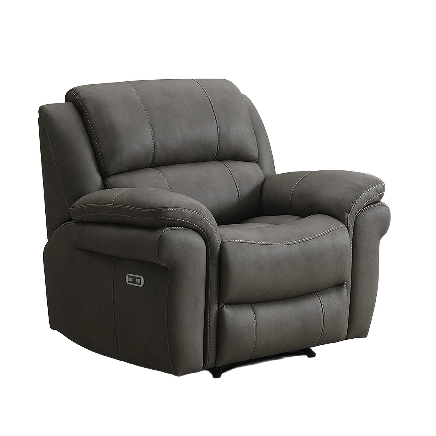A dark gray upholstered recliner chair with padded arms, a segmented backrest, and a small power-control panel on the outer side, shown on a plain white background.