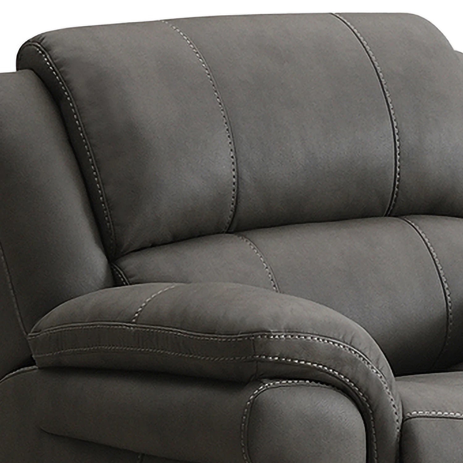 Close-up of Flynn Grey Leather Look Electric Recliner Chair with USB ports showing the padded backrest, armrest, and contrast stitching.