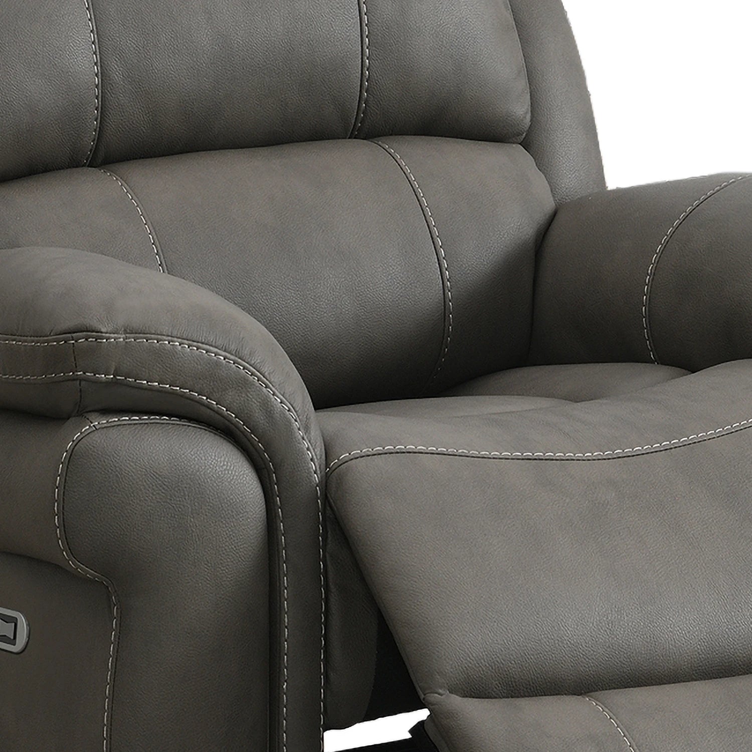 Close-up of Flynn Grey Leather Look Electric Recliner Chair with USB ports showing the padded backrest, armrest, and extended footrest with contrast stitching.