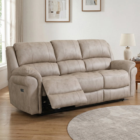 Flynn power recliner 3 seater sofa Stone Beige Premium leather-look fabric, electric reclining, USB charging and pocket sprung seat cushions.