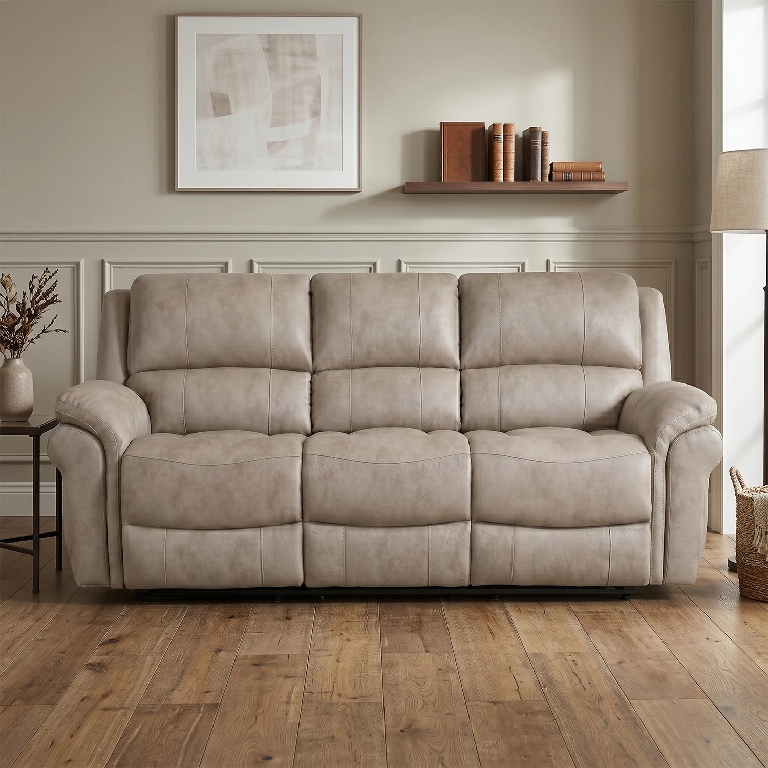Flynn power recliner 3 seater sofa in  Stone Premium leather-look fabric, electric reclining.