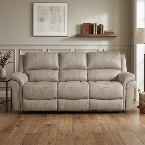 Flynn power recliner 3 seater sofa in  Stone Premium leather-look fabric, electric reclining.