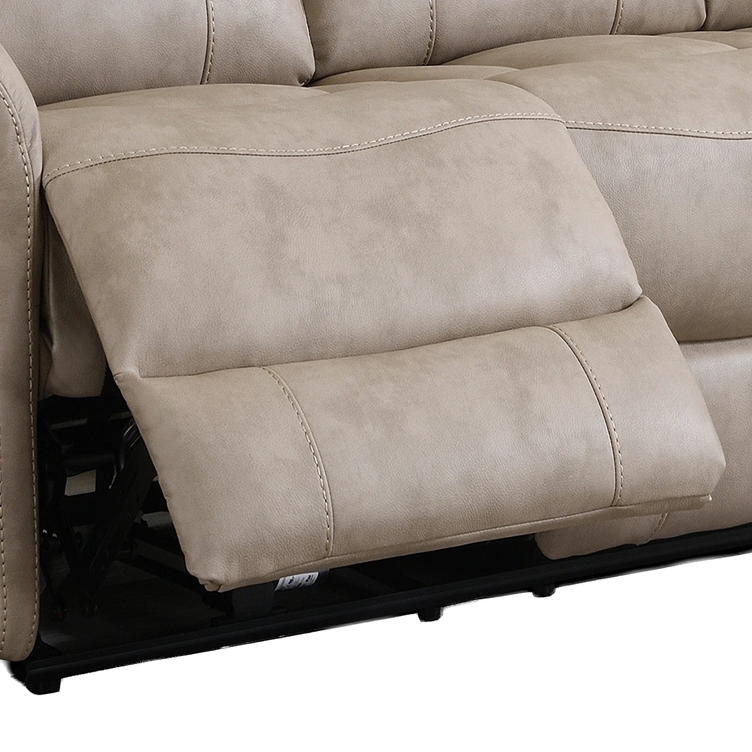 Close-up of a Flynn Power Recliner 3 Seater Sofa in Stone colour Premium Leather Look Fabric  showing the extended footrest and padded seat cushion with visible stitching.