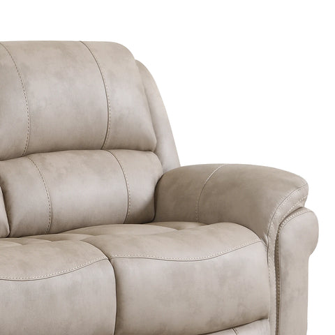 Close-up of a bFlynn Power Recliner 3 Seater Sofa in Stone colour Premium Leather Look Fabric  showing the backrest, armrest, and tufted seat cushion on a white background.