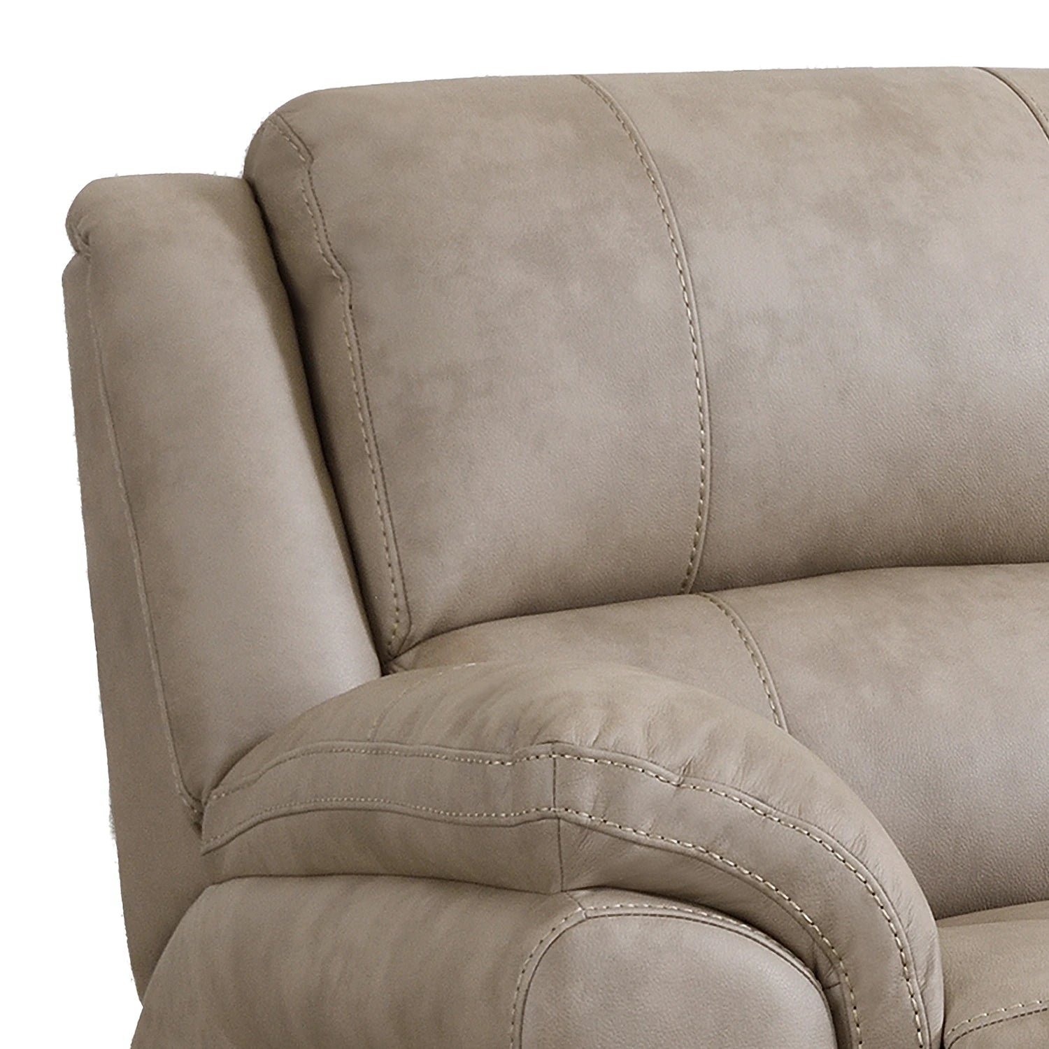 Close-up of a Flynn Power Recliner 3 Seater Sofa in Stone colour Premium Leather Look Fabric  showing the padded backrest, armrest, and stitched leather-like fabric on a white background.
