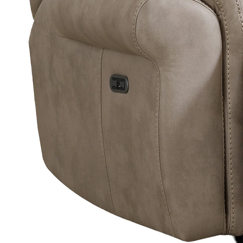 Close-up of Flynn Power Recliner 3 Seater Sofa in Stone colour Premium Leather Look Fabric  with visible stitching and a small black control switch on the front.
