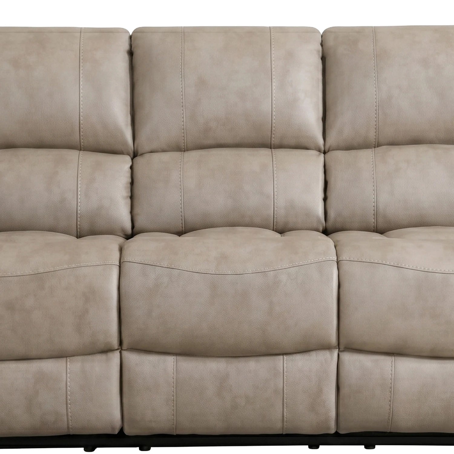 Close-up of a Flynn Power Recliner 3 Seater Sofa in Stone colour Premium Leather Look Fabric  showing the padded back cushions and seat area with tufted stitching.