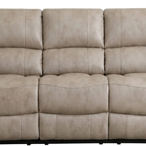 Close-up of a Flynn Power Recliner 3 Seater Sofa in Stone colour Premium Leather Look Fabric  showing the padded back cushions and seat area with tufted stitching.