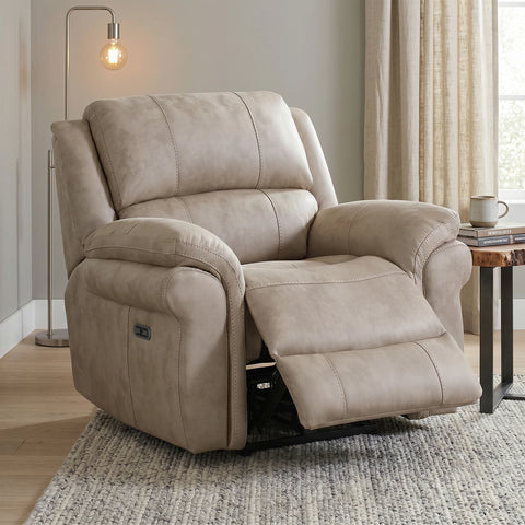Flynn power recliner armchair  with Stone premium leather-look fabric, electric reclining, USB charging and pocket sprung comfort.