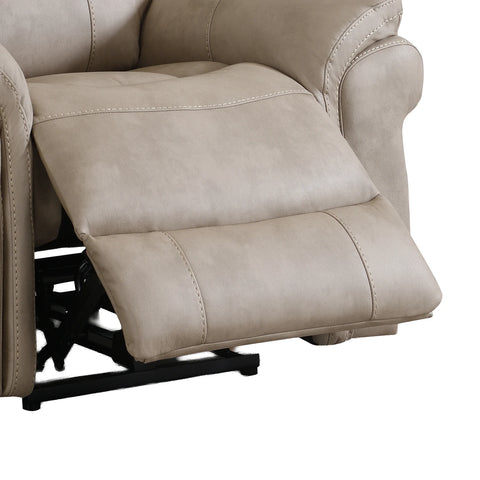 Close-up of a Flynn Stone Leather Look Electric Recliner Chair with USB ports with the footrest extended, showing the padded seat and back cushions against a white background.