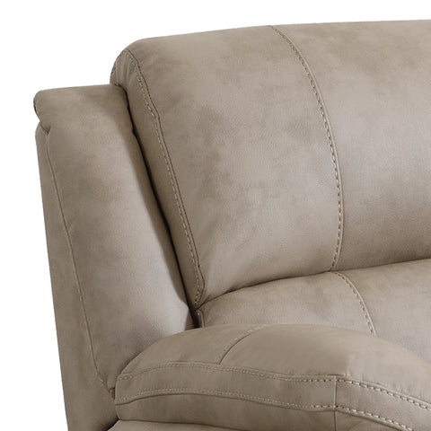 Close-up of a Flynn Stone Beige Leather Look Electric Recliner Chair with USB ports with padded cushions and visible stitching on a white background.
