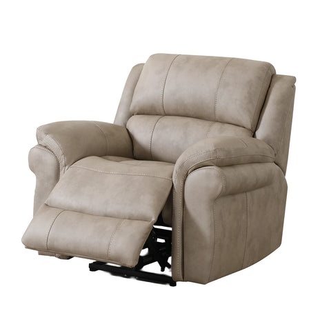 A beige faux-leather recliner chair with the footrest extended, shown against a plain white background.