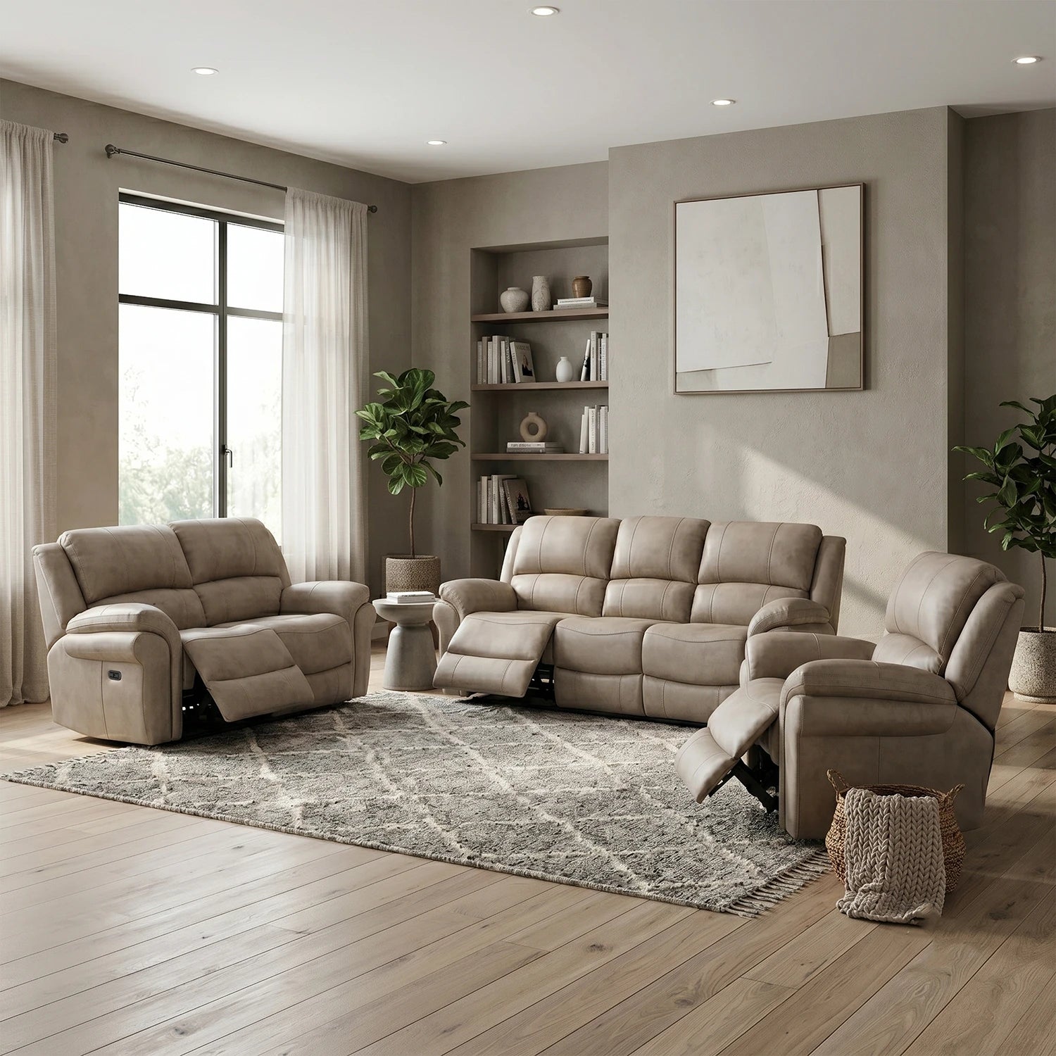 Flynn power recliner 3 seater, 2 Seater sofa and Recliner Arm Chair in  Stone Premium leather-look fabric, electric reclining.