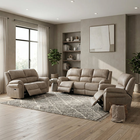 Flynn power recliner 3 seater, 2 Seater sofa and Recliner Arm Chair in  Stone Premium leather-look fabric, electric reclining.