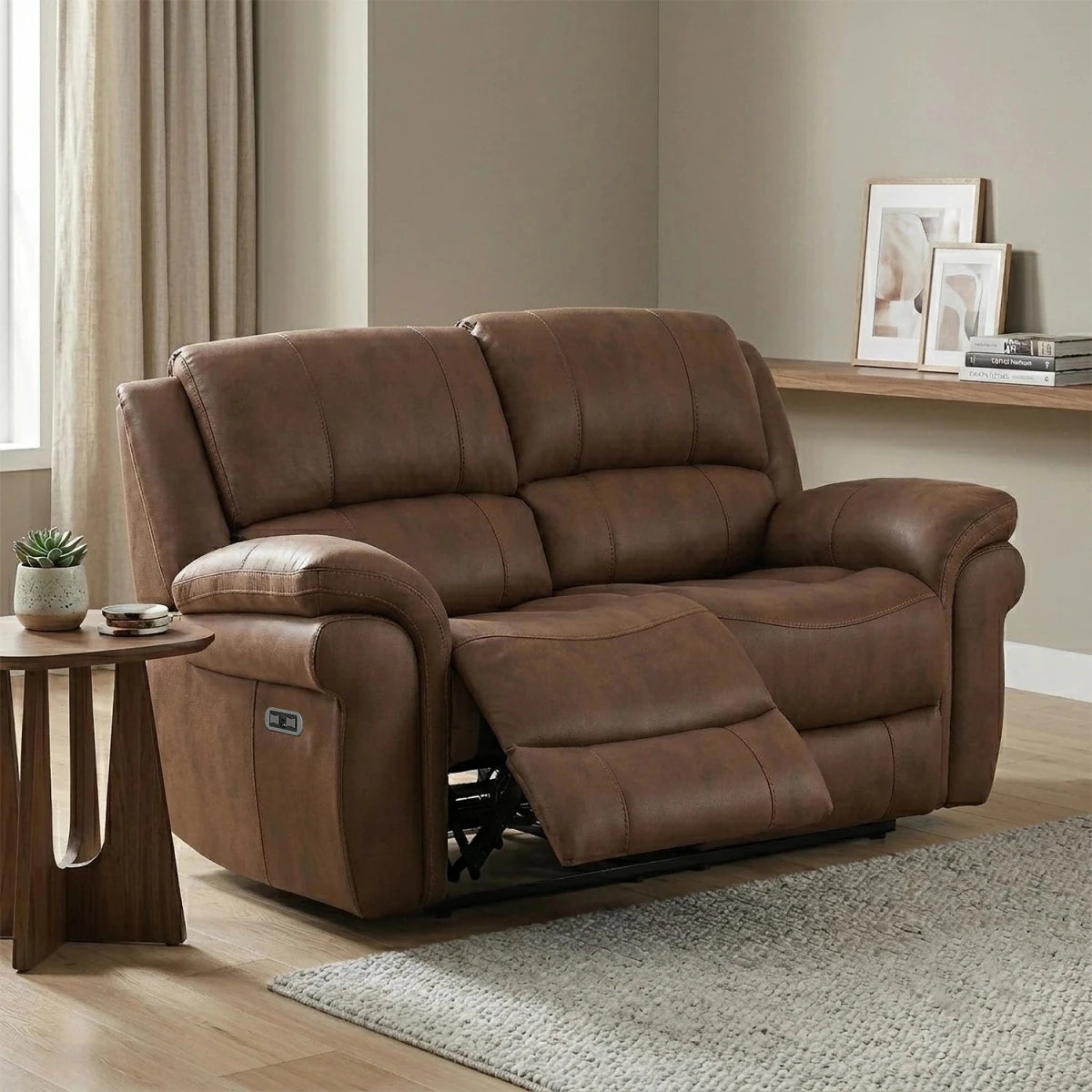 Relax in luxury with the Flynn Tan Power Recliner 2 Seater Sofa. Pocket sprung seats, electric recliners, USB charging and premium fabric upholstery.