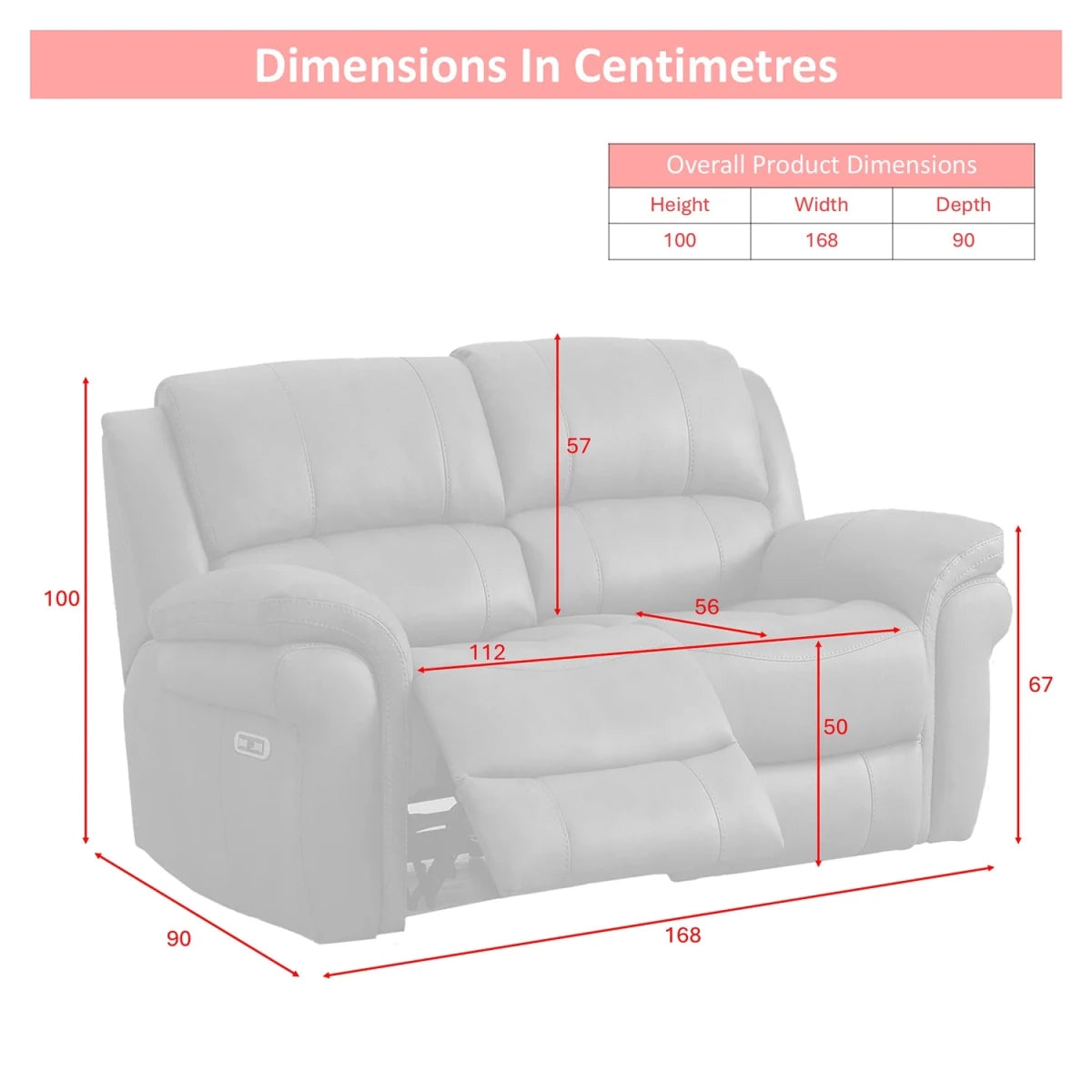 A dimension diagram of Flynn 2 Seater Recliner Sofa with USB Charging