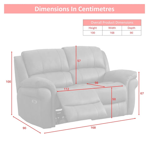 A dimension diagram of Flynn 2 Seater Recliner Sofa with USB Charging