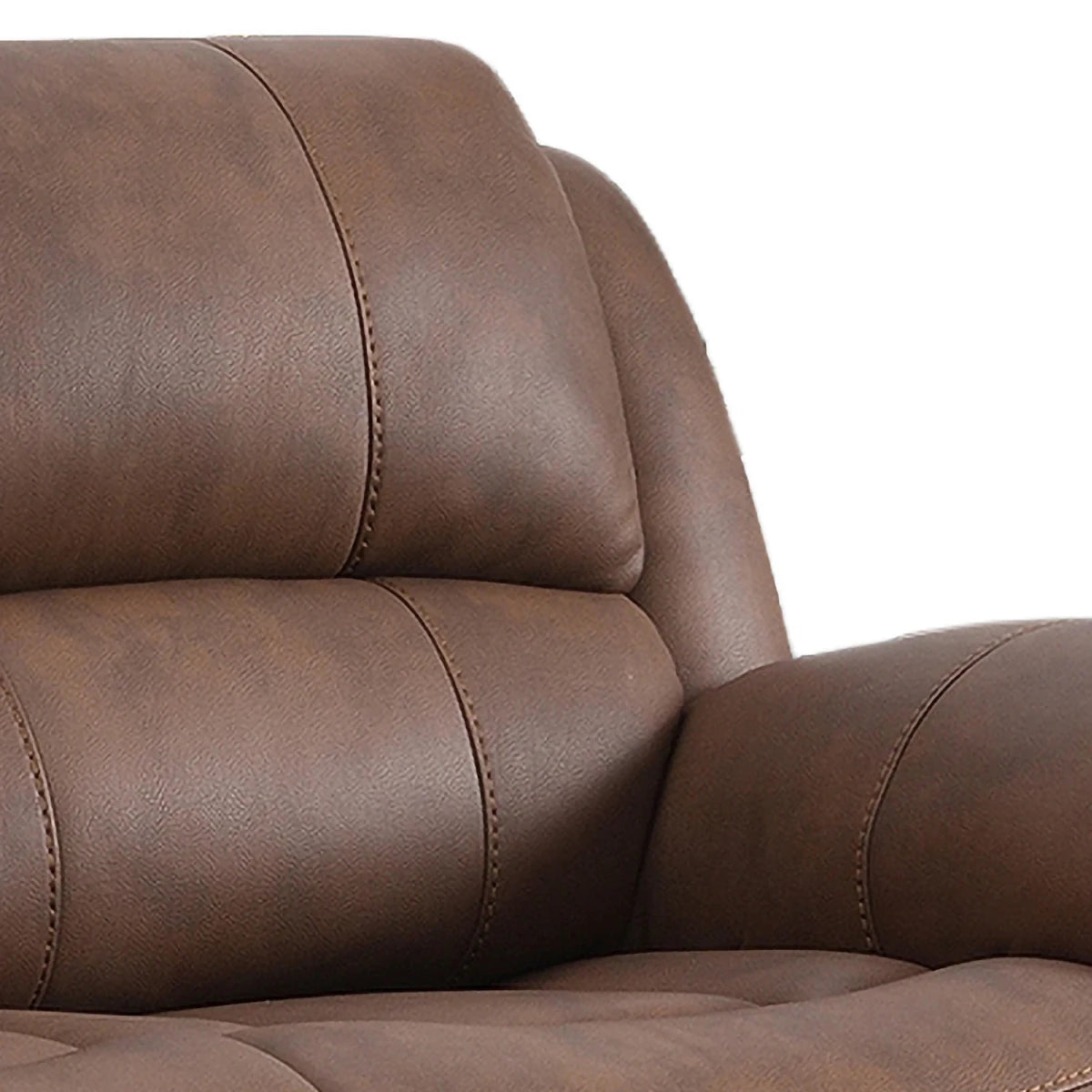 Close-up of a brown faux leather Reclining Sofa 
