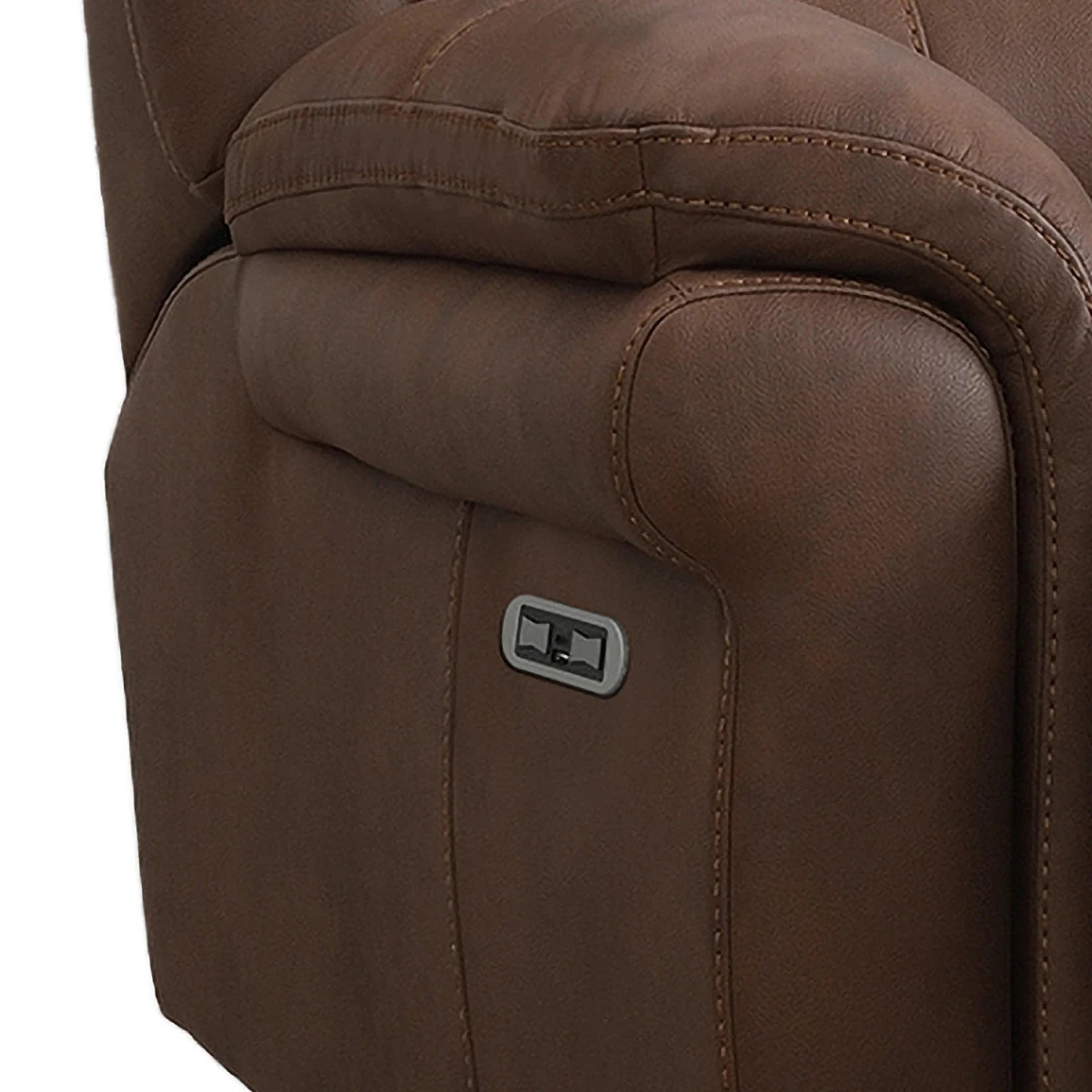 Close-up of a brown upholstered recliner Sofa showing the side armrest, stitching, and a small power-control button on a white background.