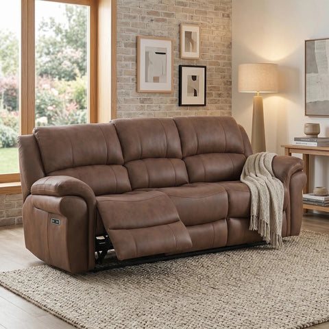 Relax in style with the Flynn Tan Power Recliner 3 Seater Sofa. Featuring electric recliners, pocket sprung seats, USB charging and luxurious fabric upholstery.