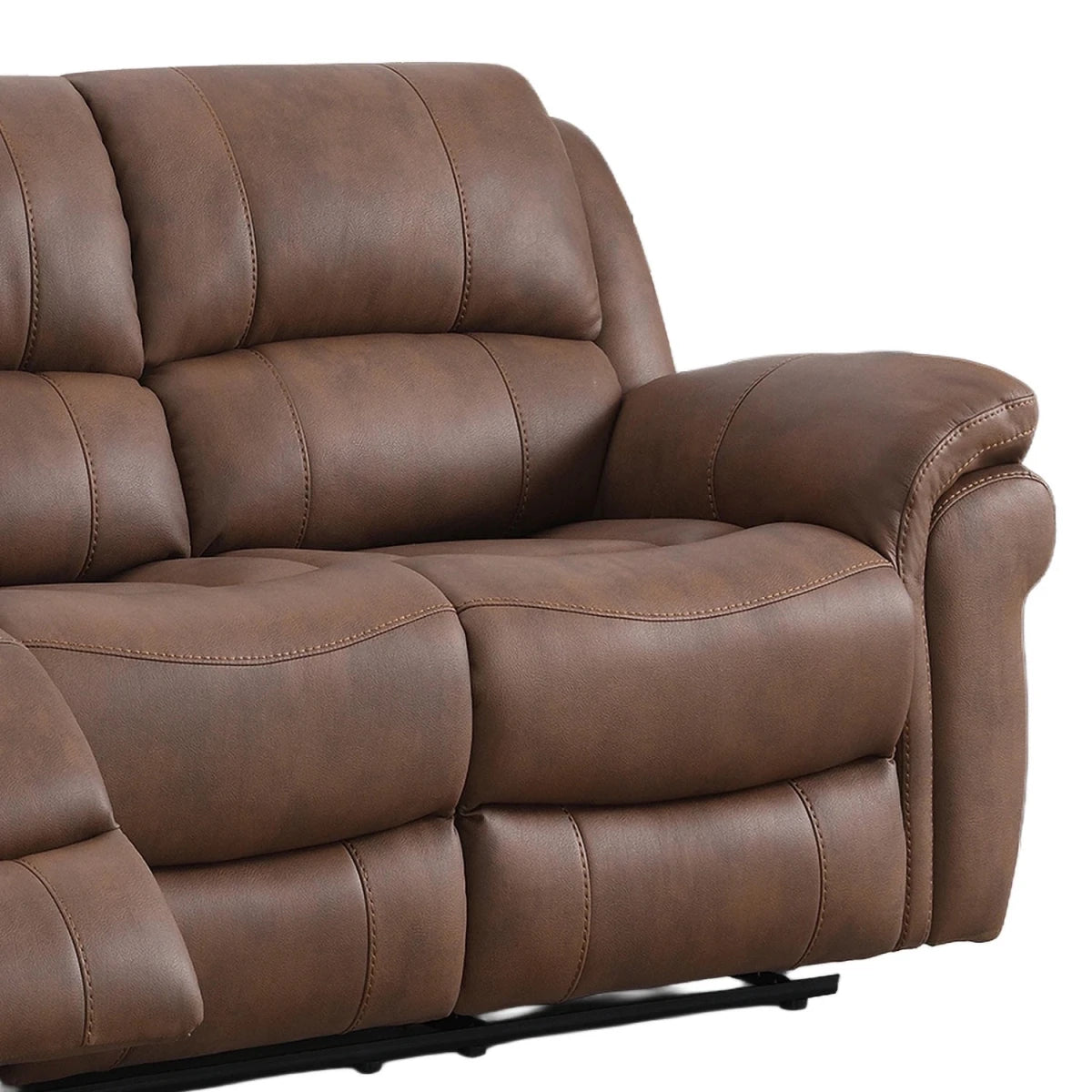 Brown leather look reclining sofa shown from a three-quarter angle against a white background.