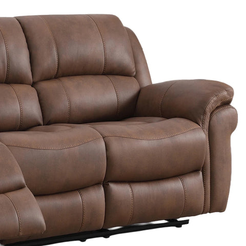 Brown leather look reclining sofa shown from a three-quarter angle against a white background.