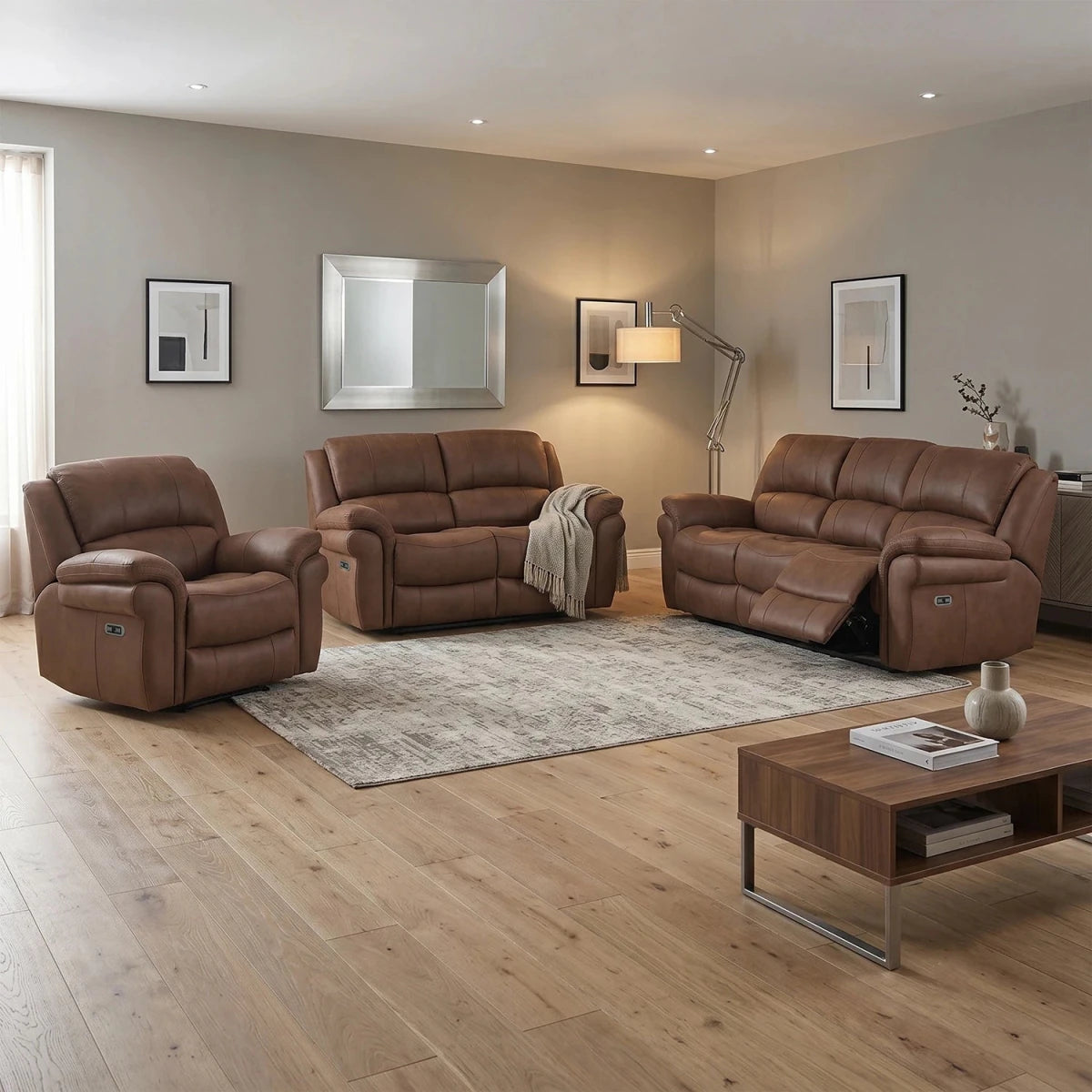 Flynn Brown Soft Leather Look Fabric Recliner Sofa with USB Charging