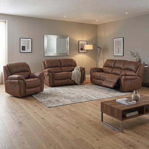 Flynn Brown Soft Leather Look Fabric Recliner Sofa with USB Charging