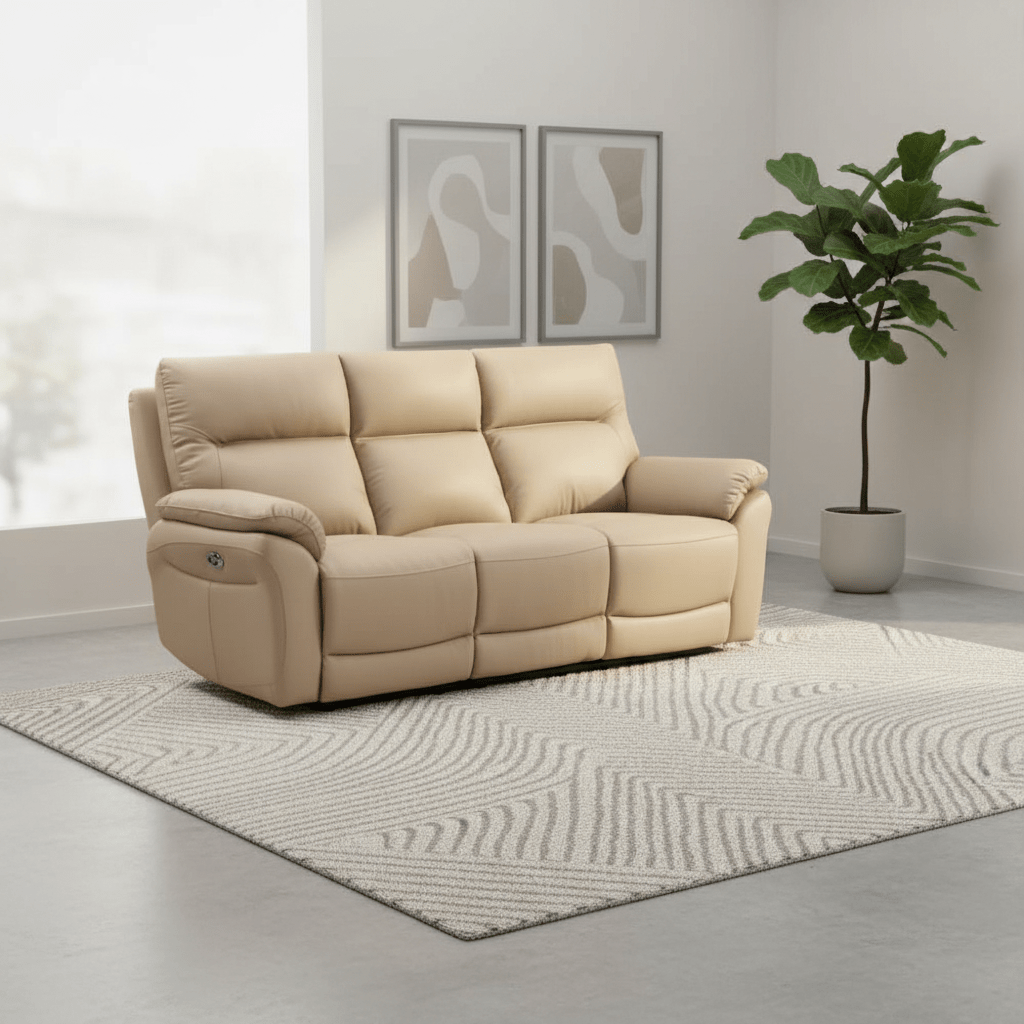 Foster Latte Leather Electric Reclining 3 Seater Sofa